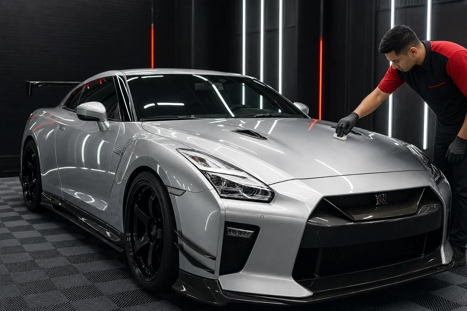 XstaticWerkz technician applying ceramic coating to a silver performance coupe