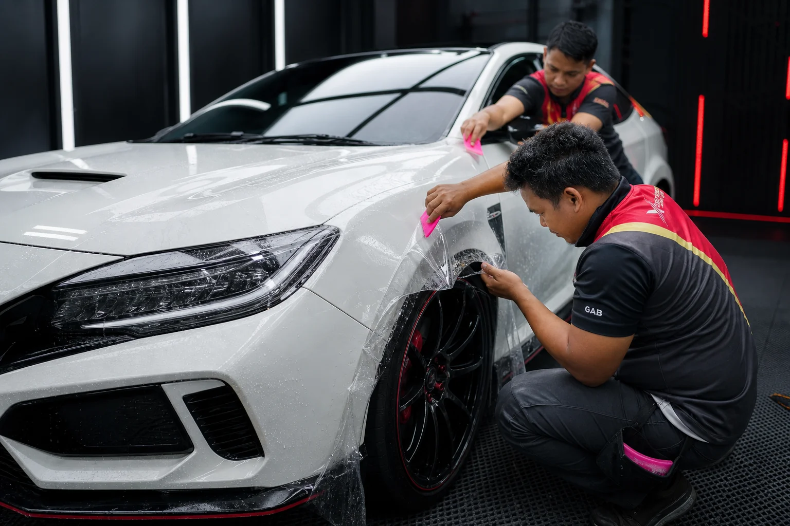 XstaticWerkz technicians installing paint protection film on a white performance car