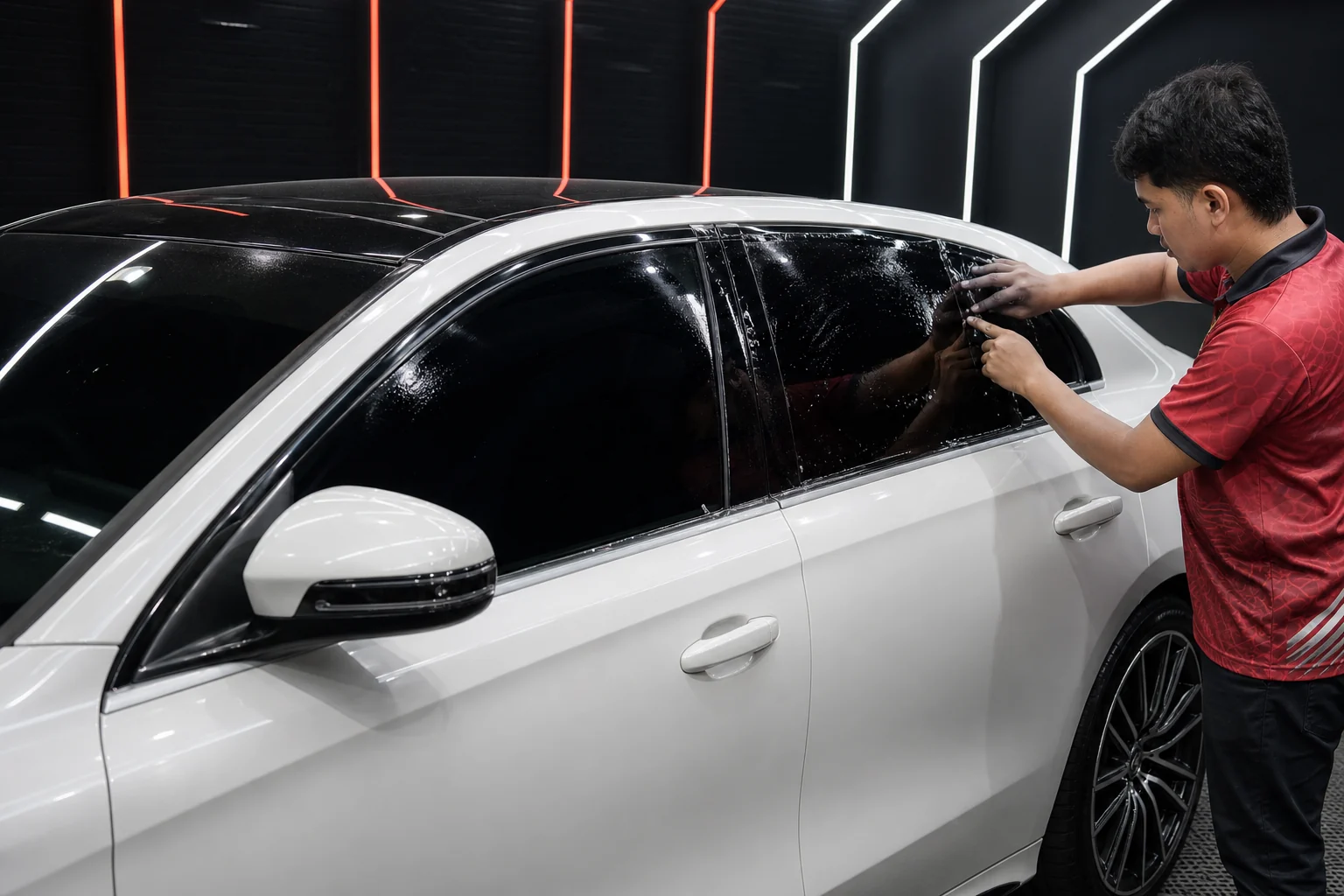 XstaticWerkz technician installing window tint on a white premium sedan