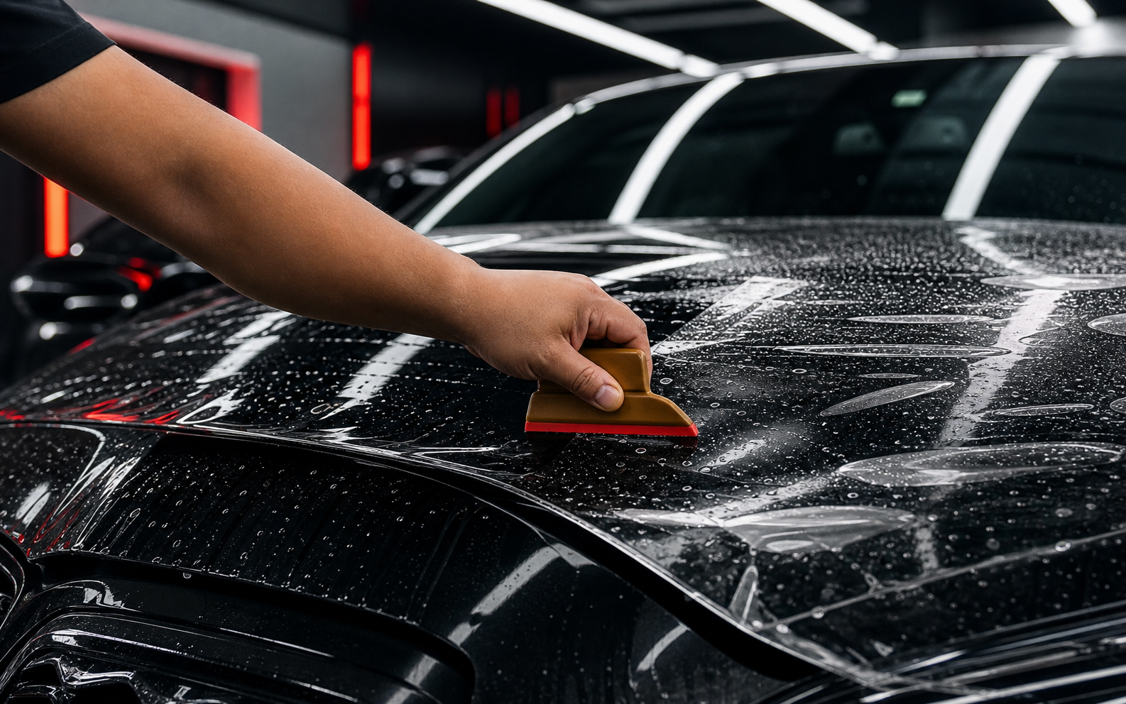 Paint protection film being installed on a wet car hood inside a detailing shop