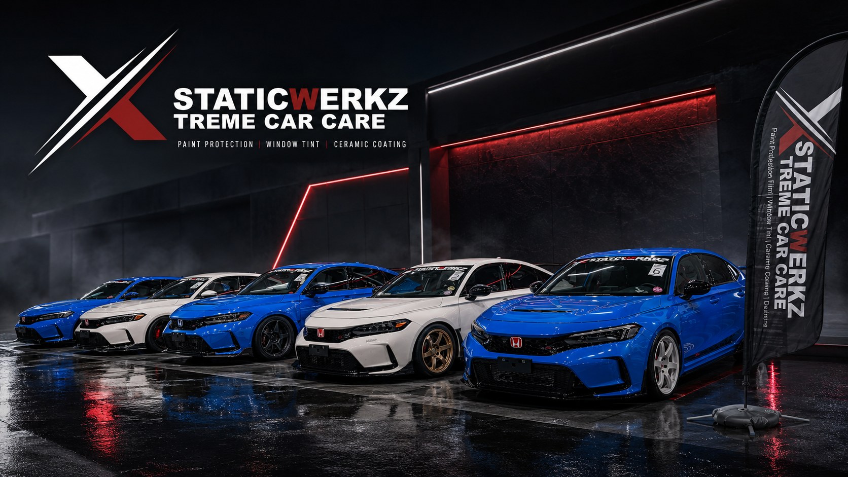 XstaticWerkz car lineup with branded flag in a premium garage setting